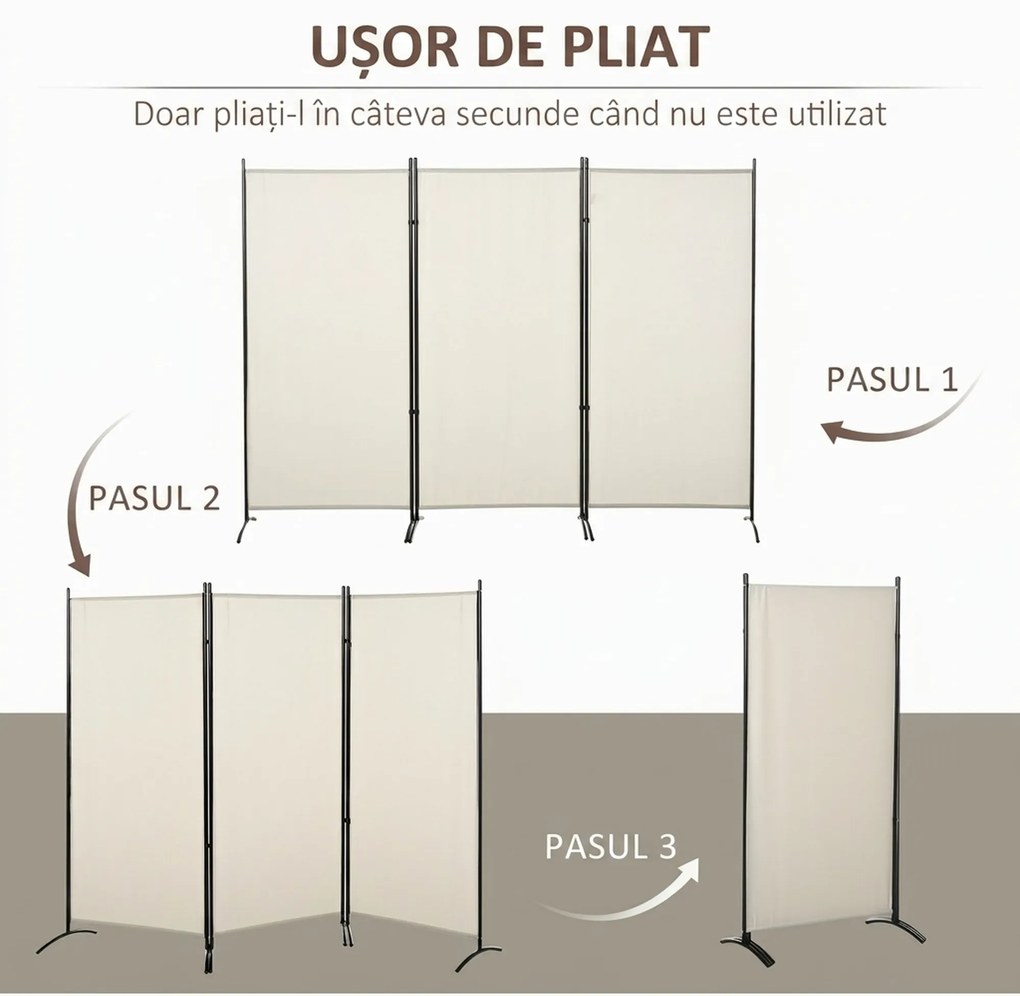 HOMCOM Paravan Decorativ Interior, 3 Panouri, Metal și Poliester, 253x50x182cm, Bej | Aosom Romania