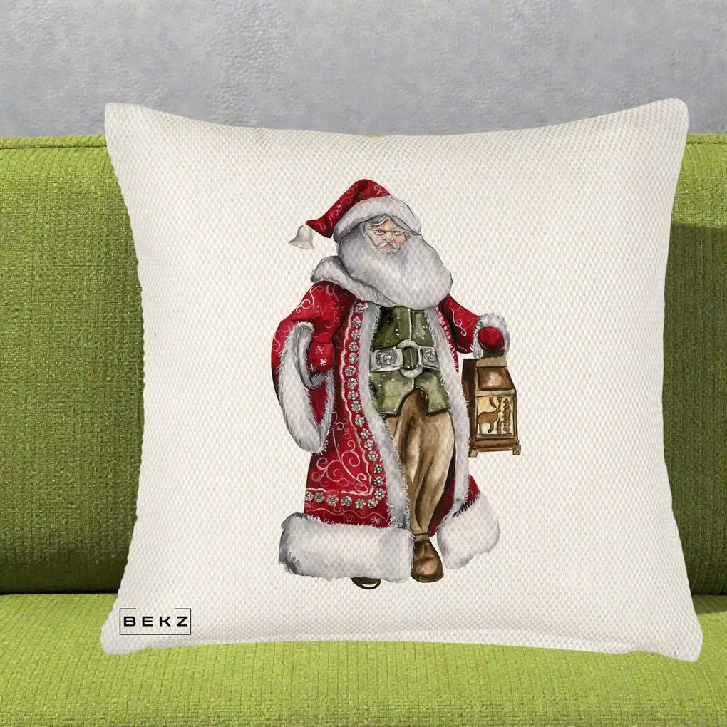Perna decorativa de Craciun: Mos Craciun Vintage cu Felinar, 45x45 cm cu Umplutura, Crem Reliefat, BEKZ