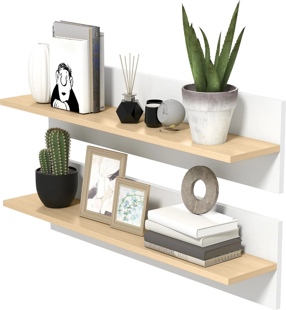 HOMCOM Set 2 Rafturi de Perete pentru Casă și Birou, Rafturi din Lemn pentru Bucătărie și Living, 80x16.5x20 cm, Alb și Lemn Natural | Aosom Romania