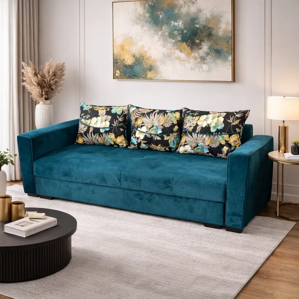 Canapea LILI extensibila, 3 locuri, cu lada de depozitare, catifea turcoaz , 220x95x80 Turcoaz, Catifea