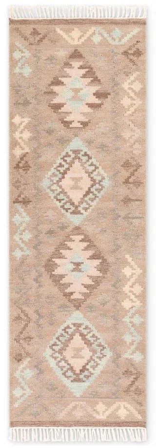 Covor tip traversă albastru deschis-bej reversibil, țesut manual din lână 60x190 cm Kamal Dune – Nouristan