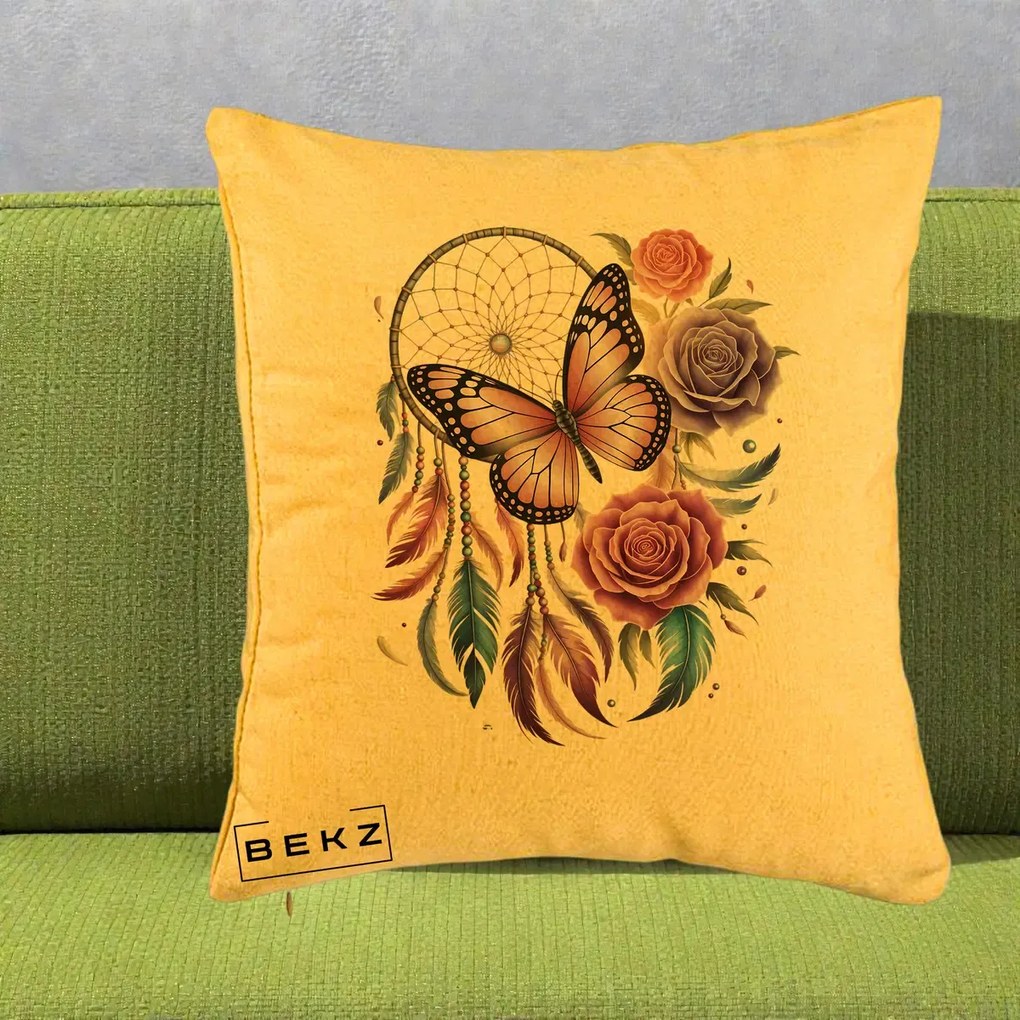 Perna Personalizata Prinzator de Vise cu Fluture si Trandafiri, 40x40 cm, Galben, Husa Detasabila, Perna Inclusa, BEKZ®