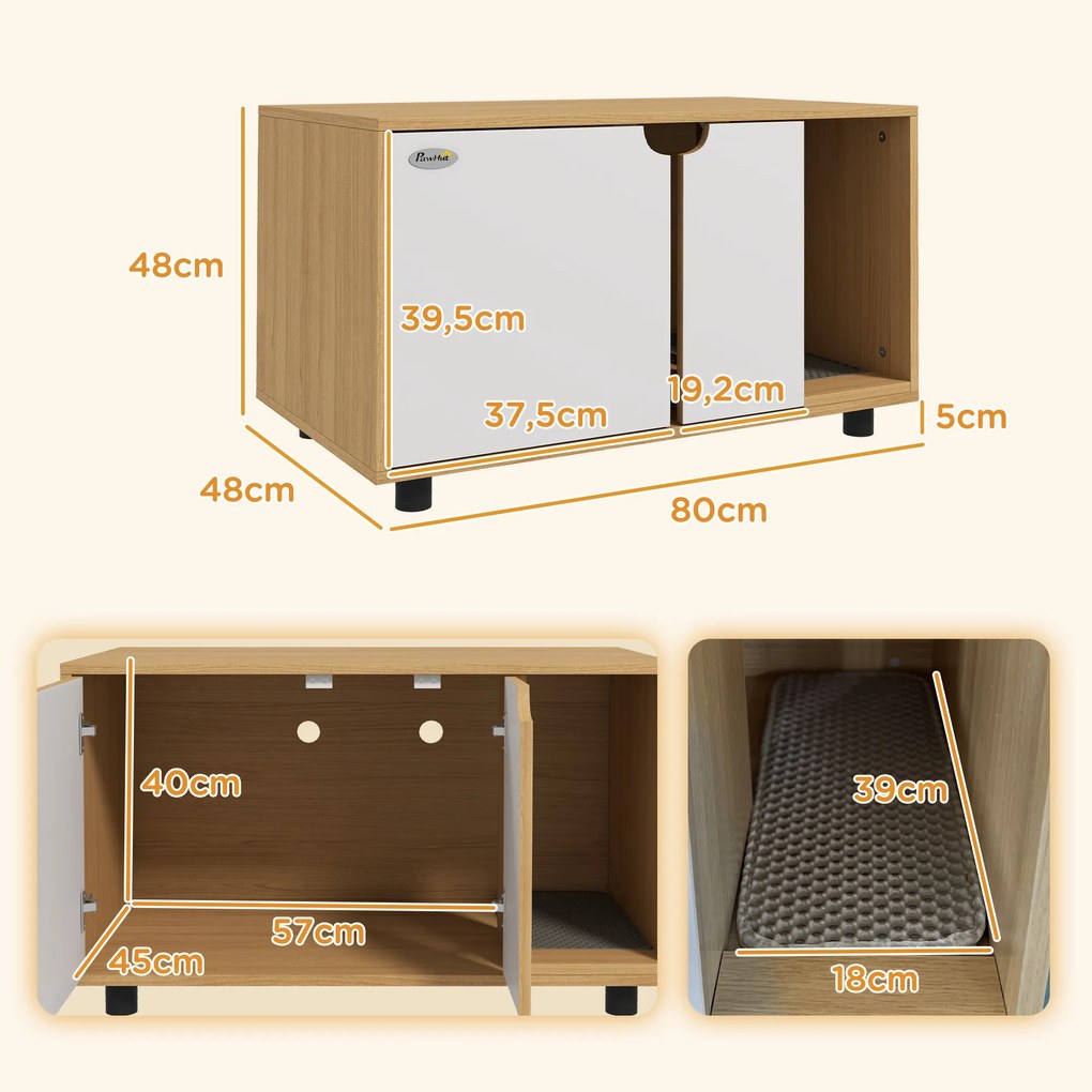 PawHut Mobilier pentru litieră, casă de toaletă pe picioare pentru pisici 2 în 1, uși, stil scandinav 80 x 48 x 48 cm natural și alb | Aosom Romania