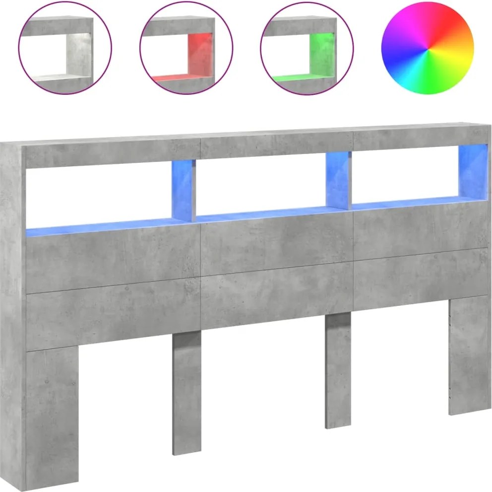 vidaXL Tăblie de pat cu dulap și LED, gri beton, 180x17x102 cm