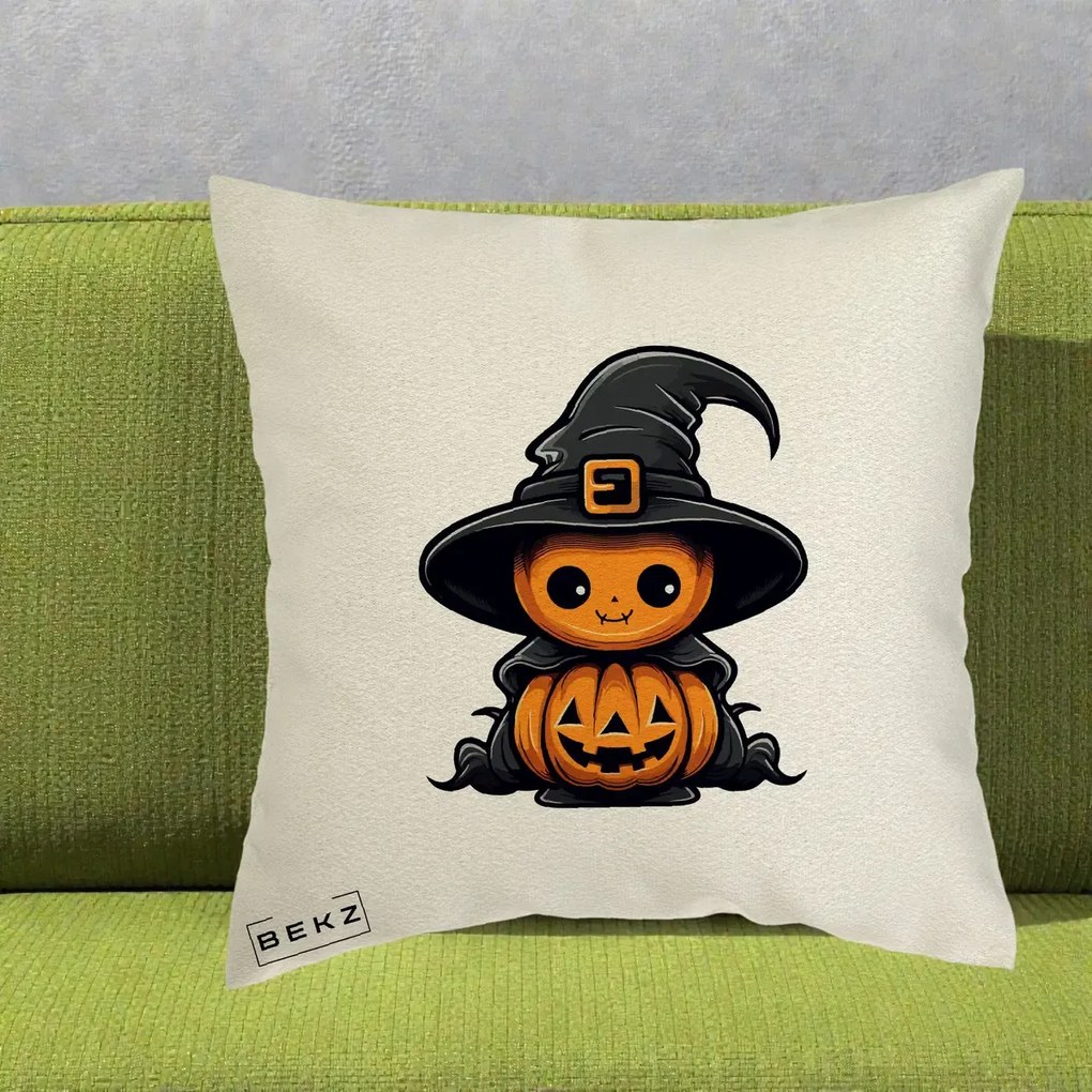 Perna Decorativa Halloween Dovleac Vrajitor Kawaii, 40x40 cm, Ecru, Husa Detasabila, Perna Inclusa, BEKZ®