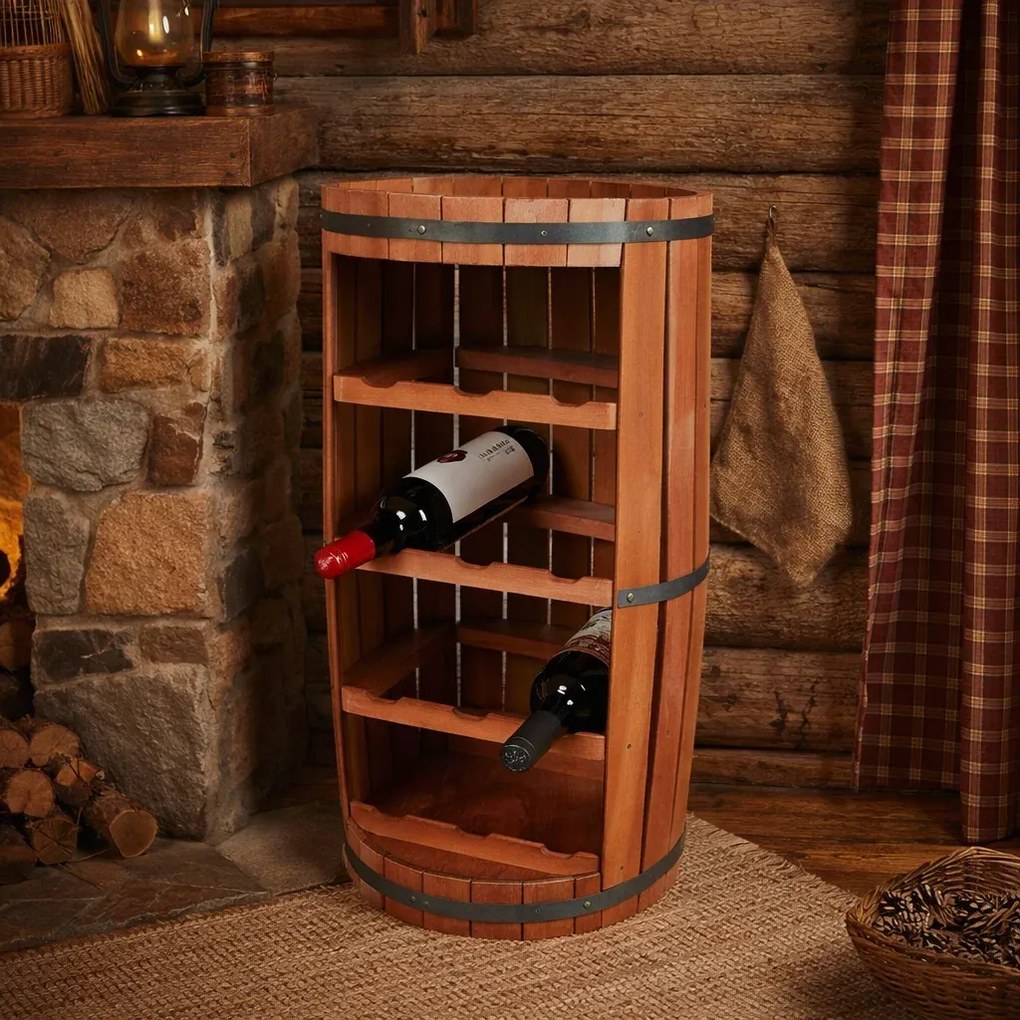 Suport de lemn pentru sticle de vin, forma de butoi, 12 sticle, 63x34 cm.