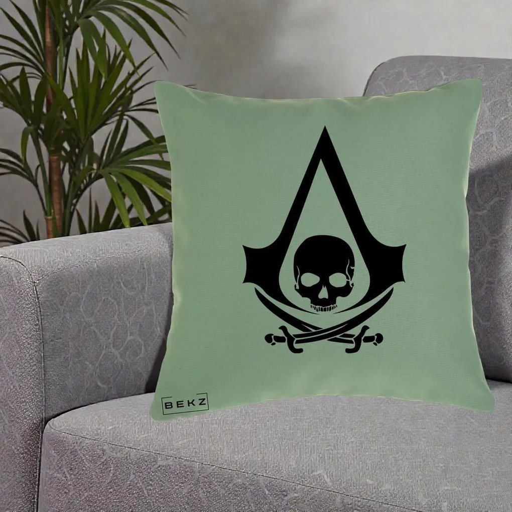Perna Personalizata Assassin's Creed Black Flag Skull, 40x40 cm, Verde, Husa Detasabila, Perna Inclusa, BEKZ®