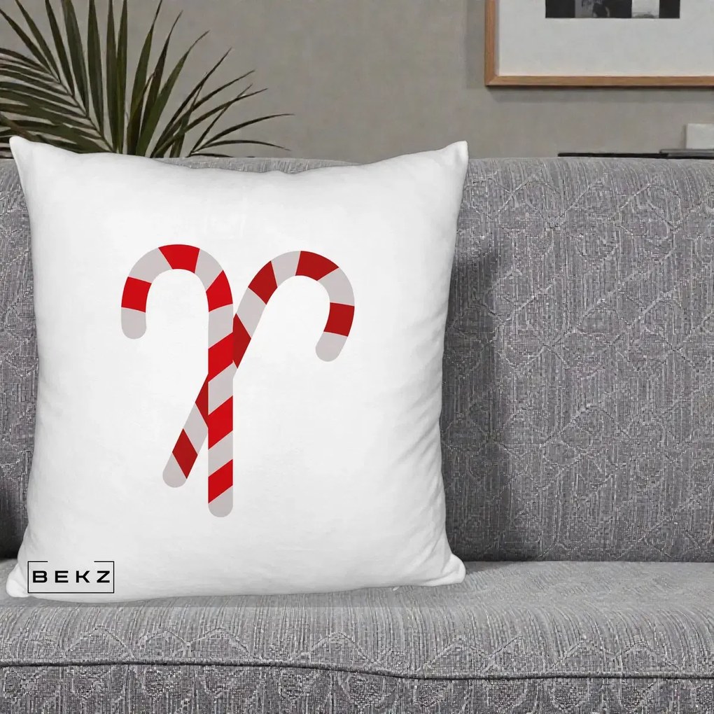 Perna Decorativa Candy Cane de Craciun, 40x40 cm, Alb Pufos, Husa Detasabila, Perna Inclusa, BEKZ®