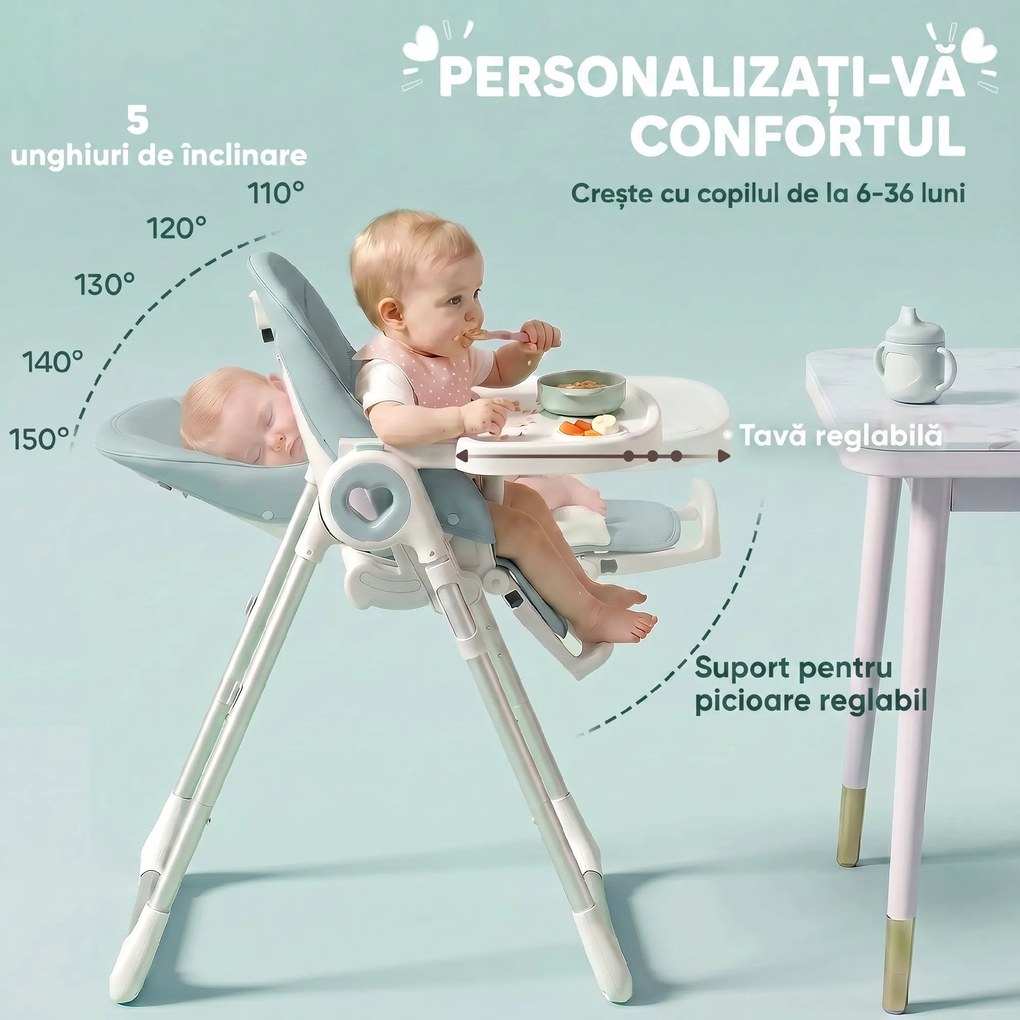 AIYAPLAY Scaun de Masă Pliabil pentru Copii 6-36 Luni cu Înălțime Reglabilă, Tăviță Dublă Lavabilă, Roți, Verde | Aosom Romania