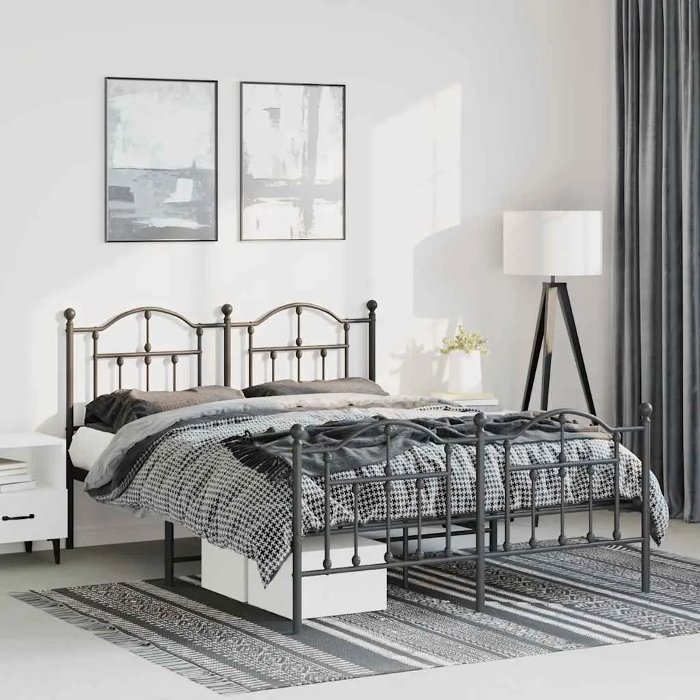 vidaXL Cadru pat metalic cu tăblie de cap/picioare, negru, 135x190 cm