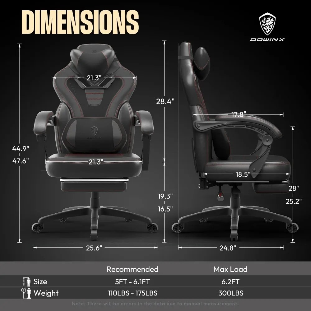 DOWINX Scaun gaming, ergonomic, suport lombar cu masaj, Șezut cu Arcuri Metalice și Spumă, Spătar înalt, rabatabil 90°-145°, Buzunar depozitare, Suport picioare, rezistent 150 kg, material PU respirabil, Negru