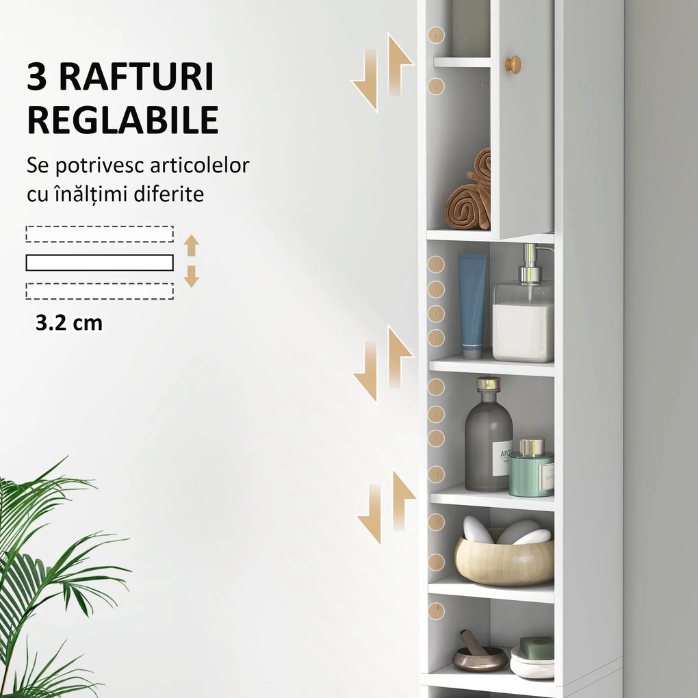 HOMCOM Dulap Înalt de Baie cu 2 Compartimente, 3 Rafturi Deschise și Sertar, 20x20x178 cm, Alb | Aosom Romania