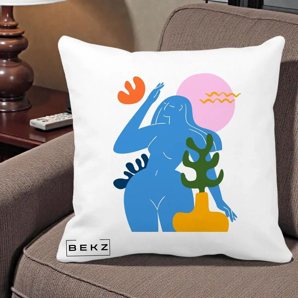 Perna Decorativa Femeie Albastra Cactus, 40x40 cm, Alba Mata, Husa Detasabila, Perna Inclusa, BEKZ®