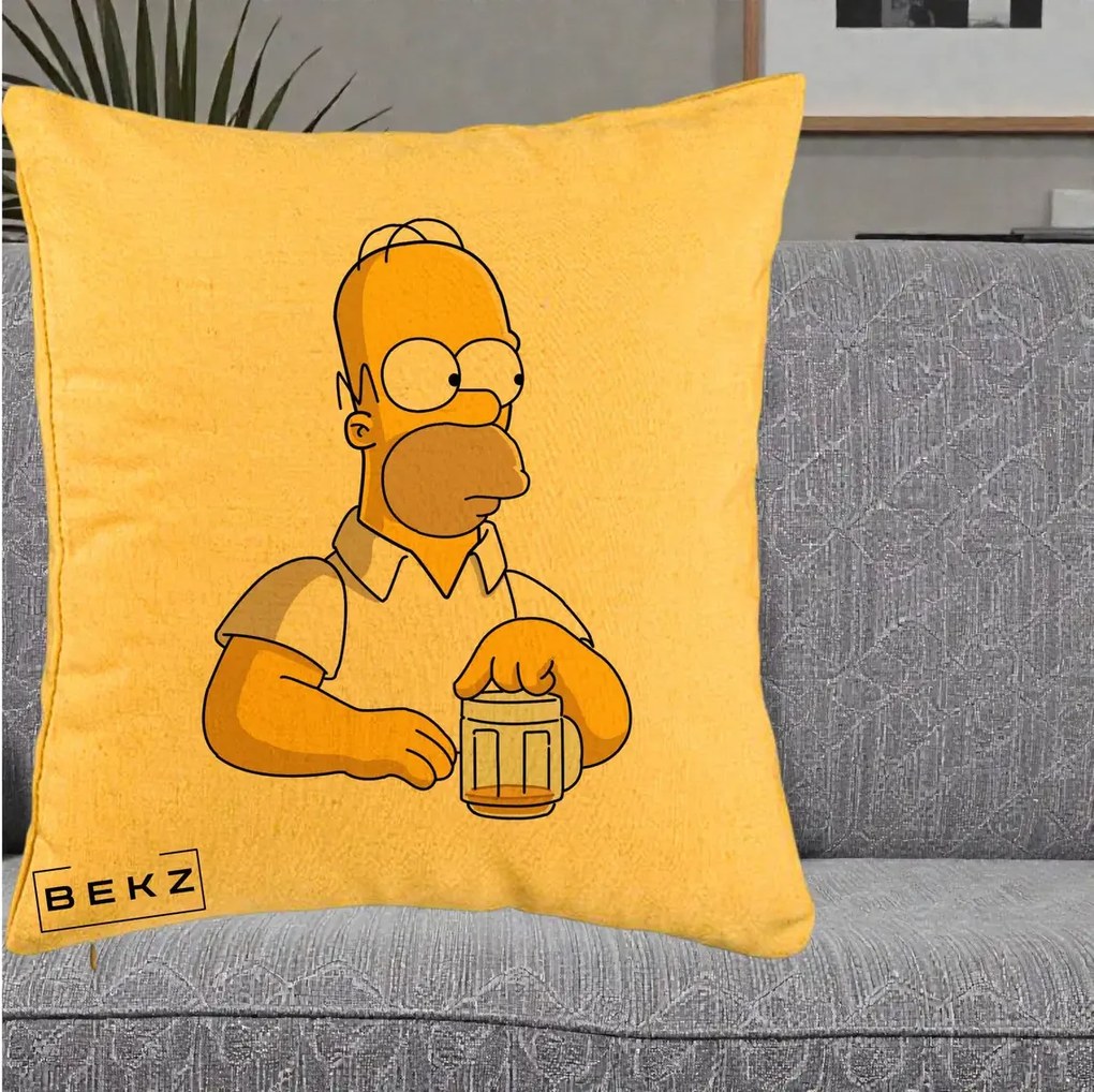 Perna Personalizata Homer Simpson cu Bere, 40x40 cm, Galben, Husa Detasabila, Perna Inclusa, BEKZ®