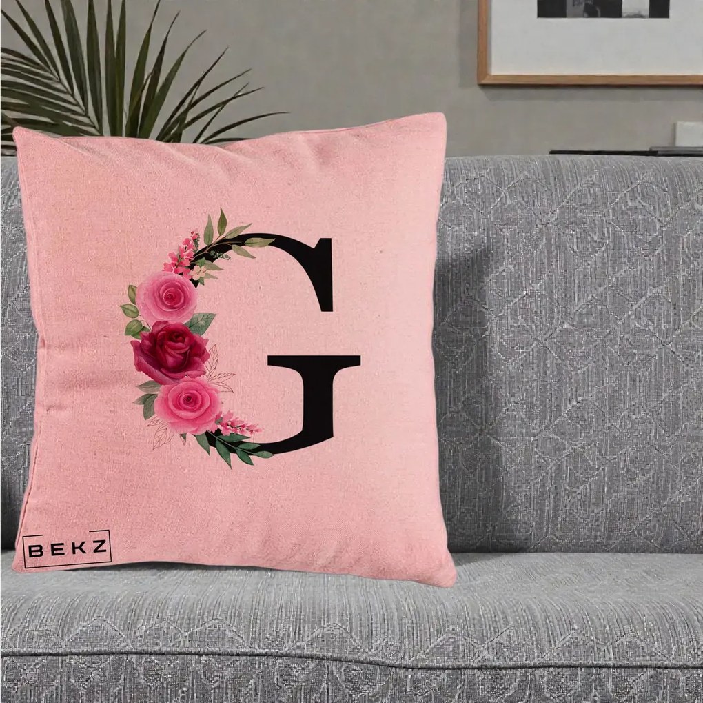 Cadou Personalizat - Perna Personalizata Monograma Florala Litera G, 40x40 cm, Roz, Husa Detasabila, Perna Inclusa, BEKZ®