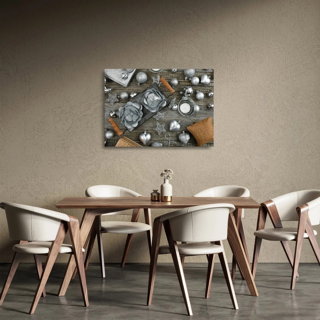 Tablou pe sticlă - decorațiuni argintii de Crăciun (70x50 cm)