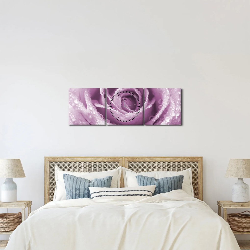Tablou detaliu de floare de trandafir (cu ceas) (90x30 cm)