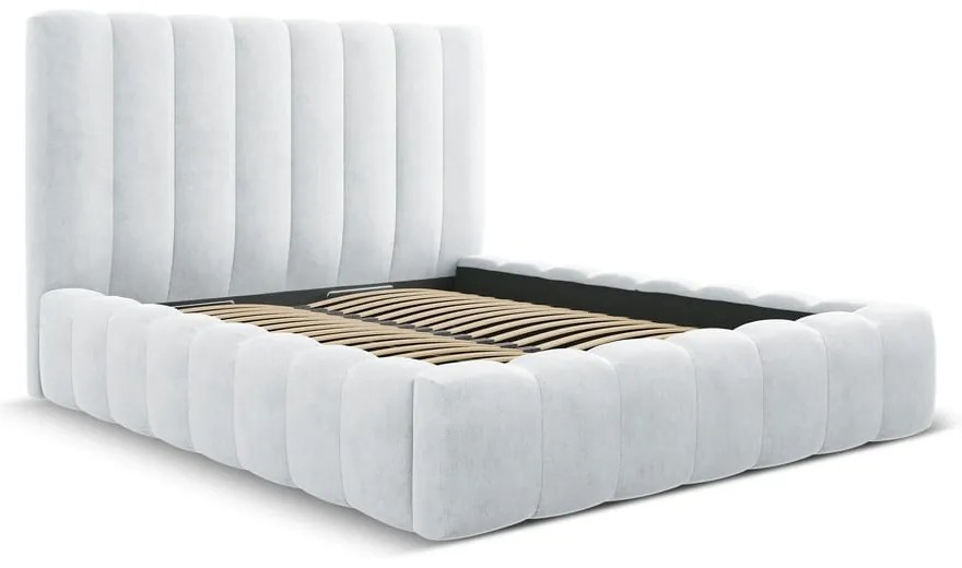 Pat matrimonial gri deschis tapițat cu spațiu de depozitare cu somieră 160x200 cm Kelp – Micadoni Home