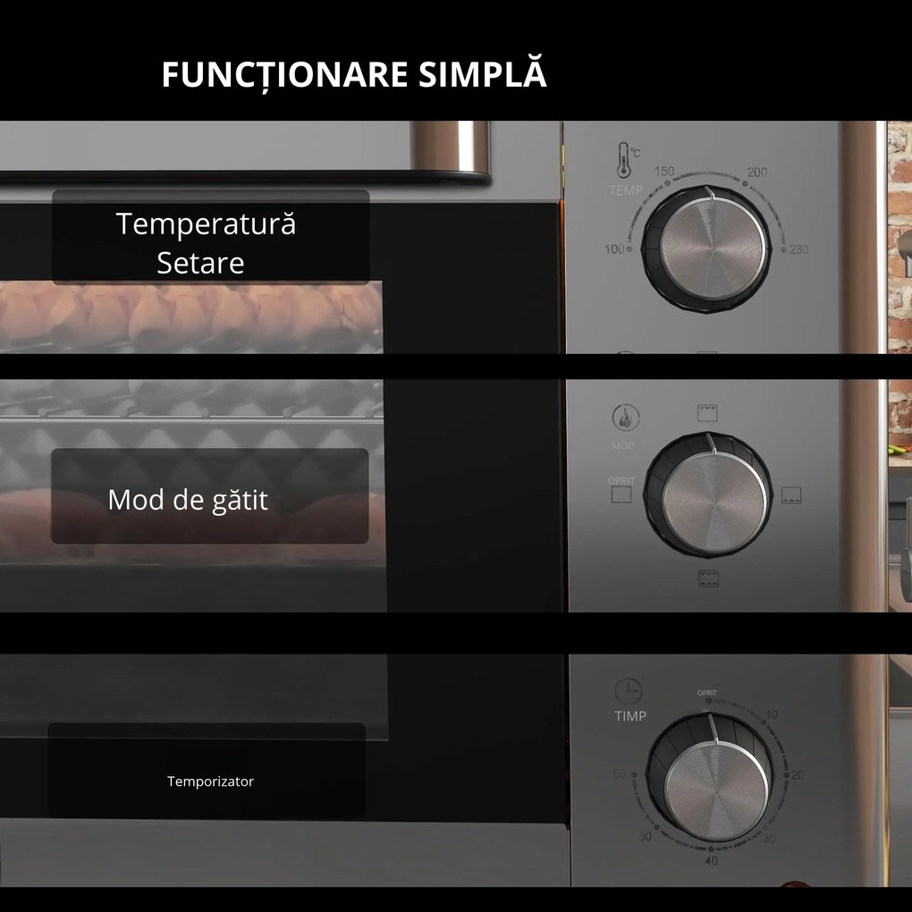 HOMCOM Mini Cuptor Electric cu Convectie 30L pentru Bucătărie Blat Temperatură Ajustabilă 1600W Accesorii Incluse | Aosom Romania