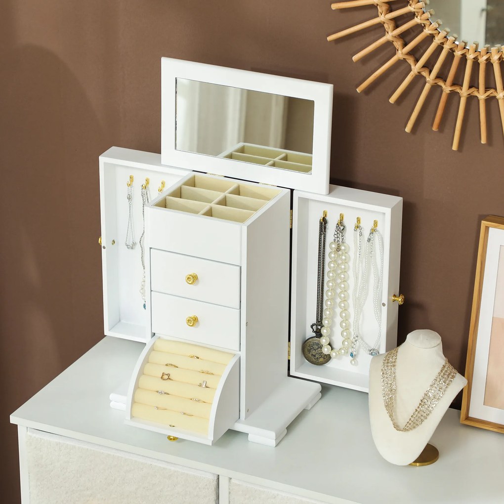 HOMCOM Cutie de bijuterii pentru femei cu 4 nivele, cutie din lemn cu aripi, oglindă și 2 sertare, 26,5x16 x33,5 cm, Alb | Aosom Romania