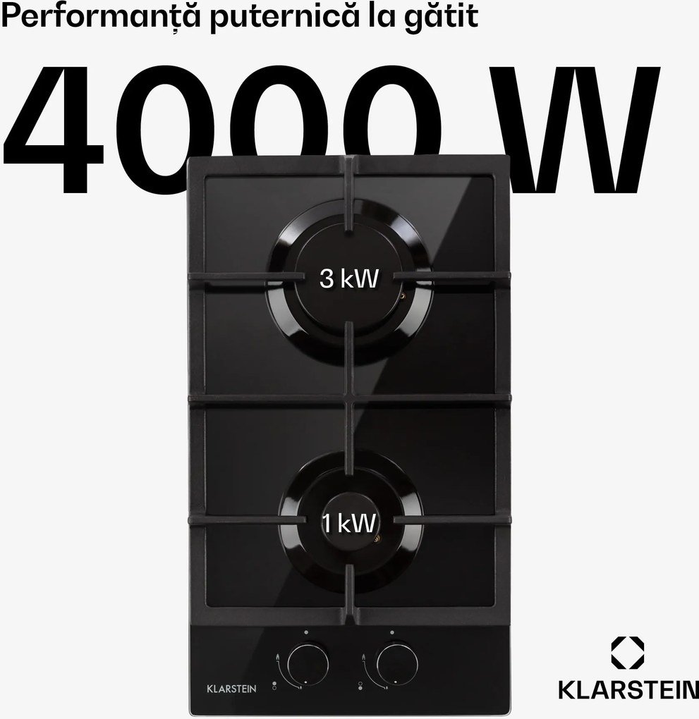 Klarstein Ignito Domino, plită de gaze, 2 arzătoare, arzător Sabaf, sticlă ceramică, negru