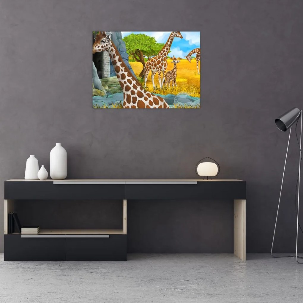 Tablou pe sticlă - Familia girafelor (70x50 cm)