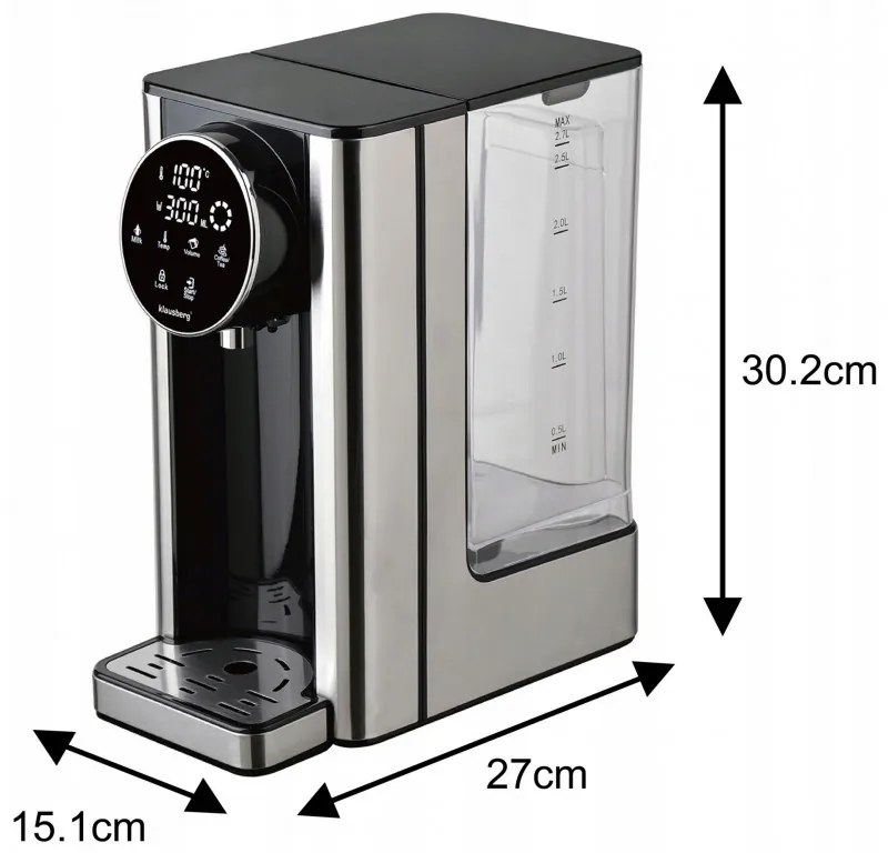 Dozator de apa calda Klausberg KB 7880, 2600W, 2.7l, 40-100°C, 7 temperaturi, Afisaj LED tactil, Protectie copii, Setari de memorie, Inox/Negru