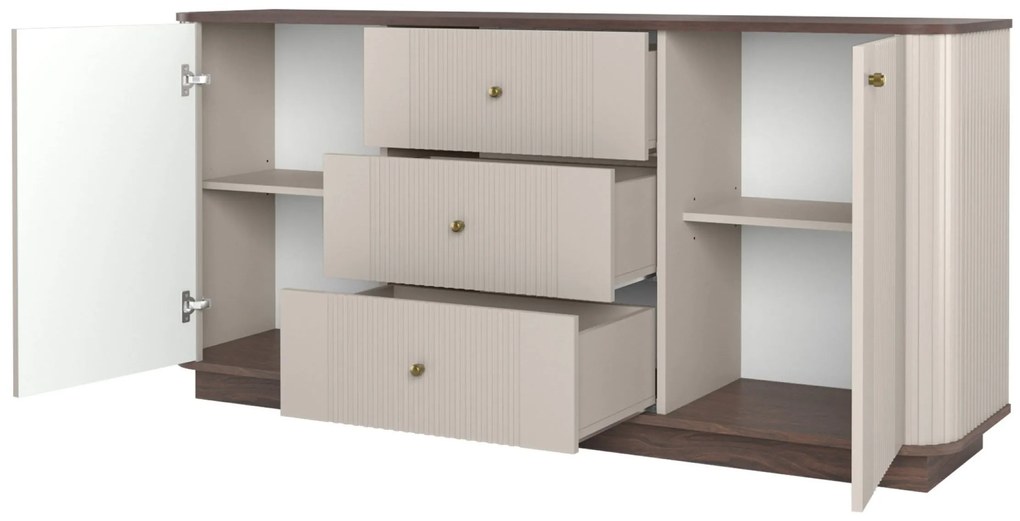 Comodă cu sertare pe soclu Vesper 160 cm - kashmir / nuc / mânere aurii