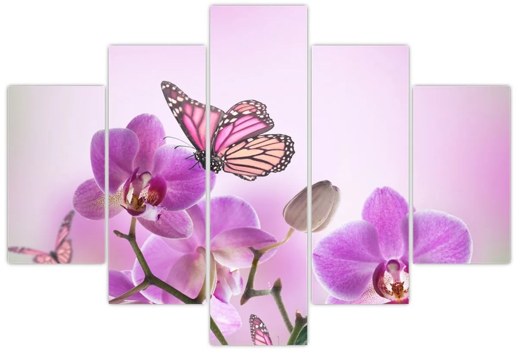 Tablou - Fluture pe flori de orhidee, liliac (150x105 cm)