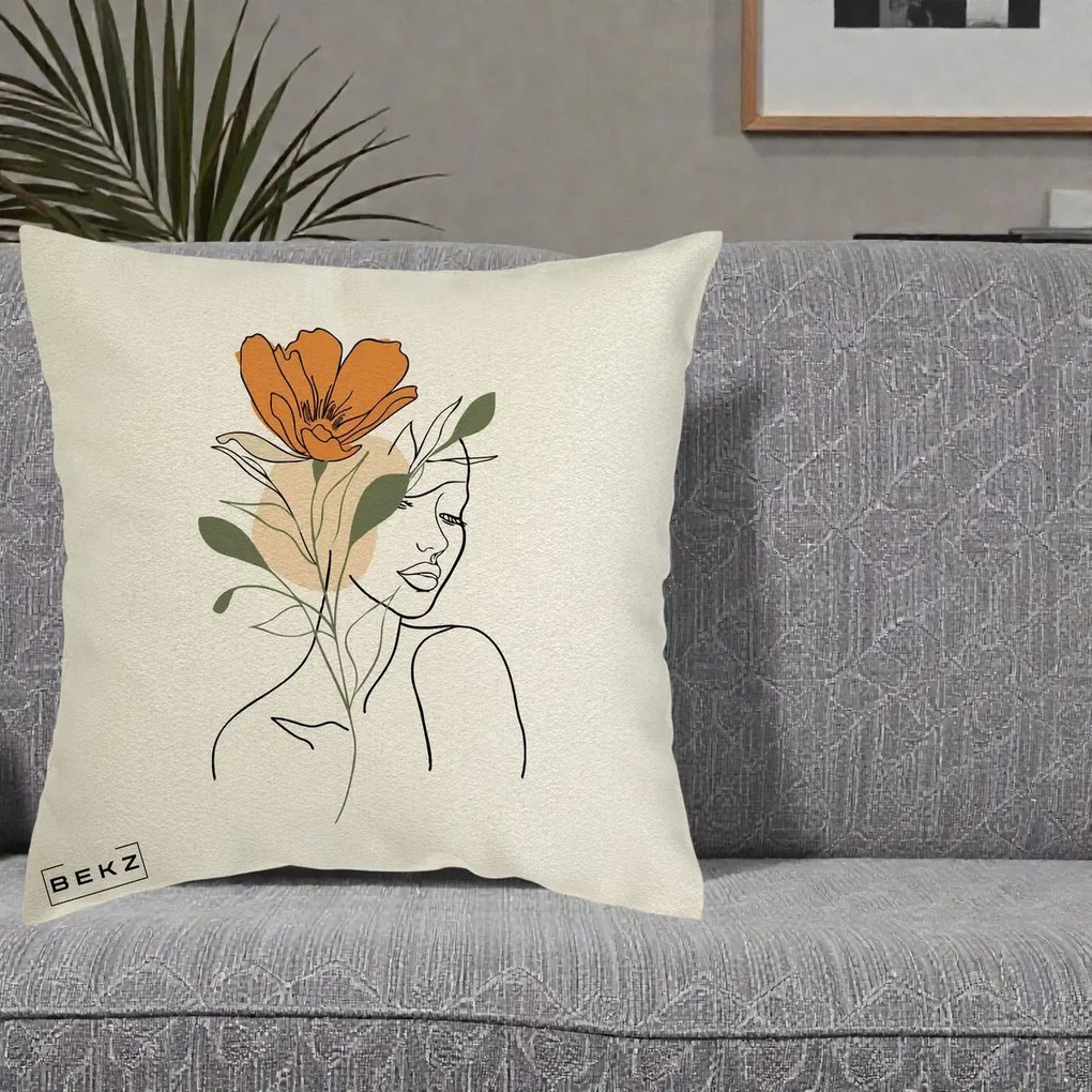 Perna Decorativa Portret Feminin Floare Portocalie, 40x40 cm, Ecru, Husa Detasabila, Perna Inclusa, BEKZ®