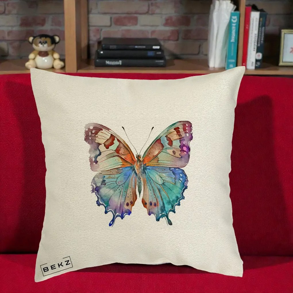 Perna Decorativa Fluture Acuarela Multicolor Portocaliu-Bleu-Mov, 40x40 cm, Ecru, Husa Detasabila, Perna Inclusa, BEKZ®