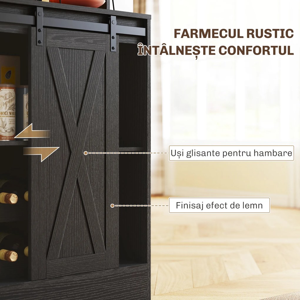 HOMCOM Bufet de Bucătărie cu Suport pentru Sticle, Priză și Iluminare LED, Negru | Aosom Romania