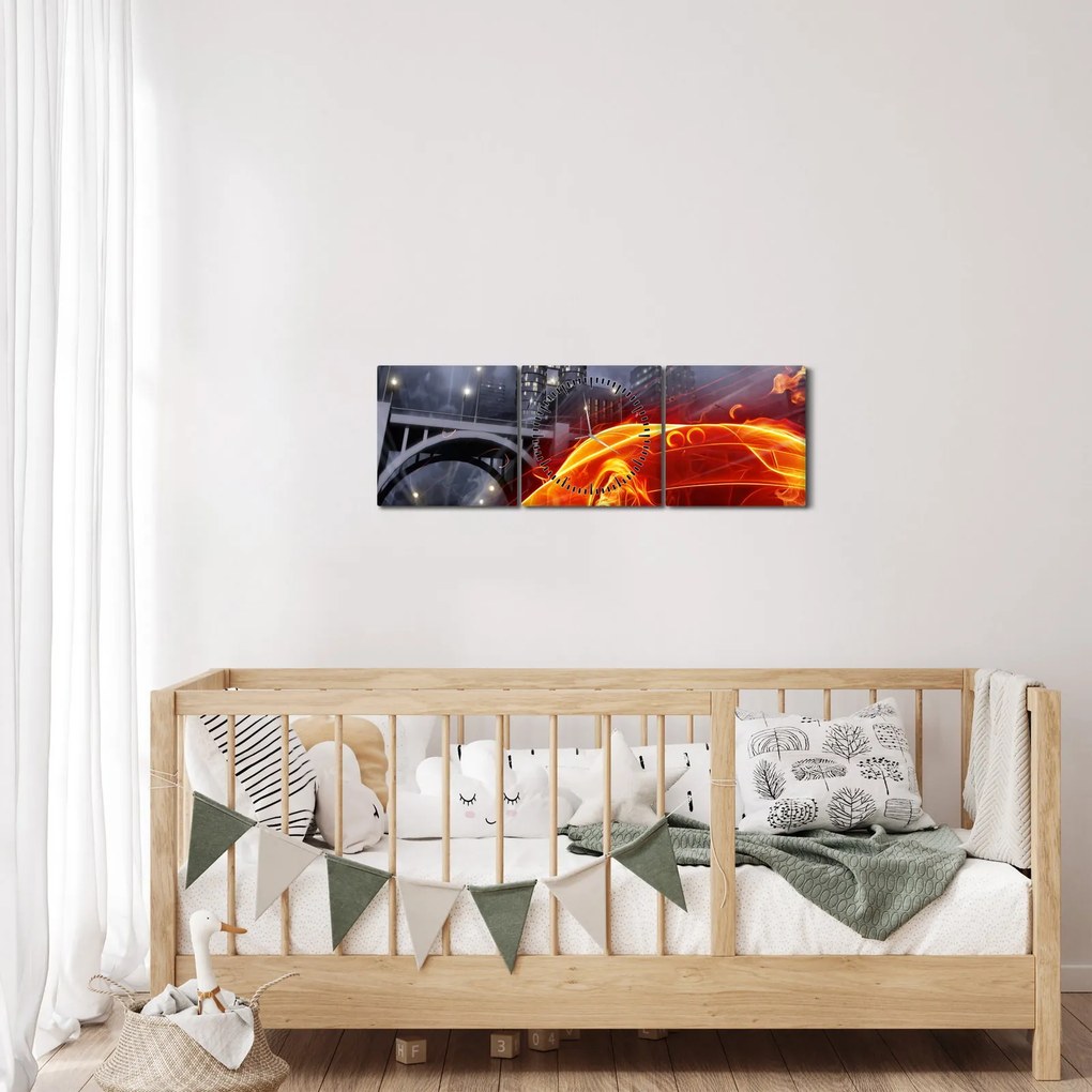 Tablou cu mașina în flăcărată (cu ceas) (90x30 cm)