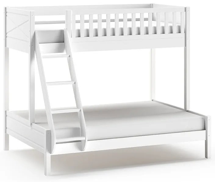 Pat suprapus familie pentru copii SCOTT, alb, 140 x 200 cm + 90 x 200 cm, din pin scandinav masiv, cu 2 sertare pentru depozitare – Vipack