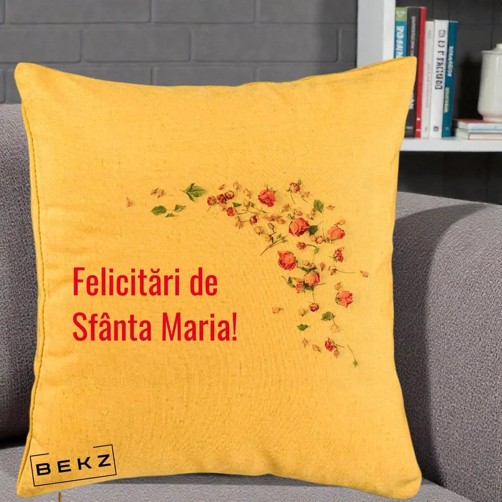 Cadou de Onomastica - Perna Personalizata Felicitari de Sfanta Maria, 40x40 cm, Galben, Husa Detasabila, Perna Inclusa, BEKZ®