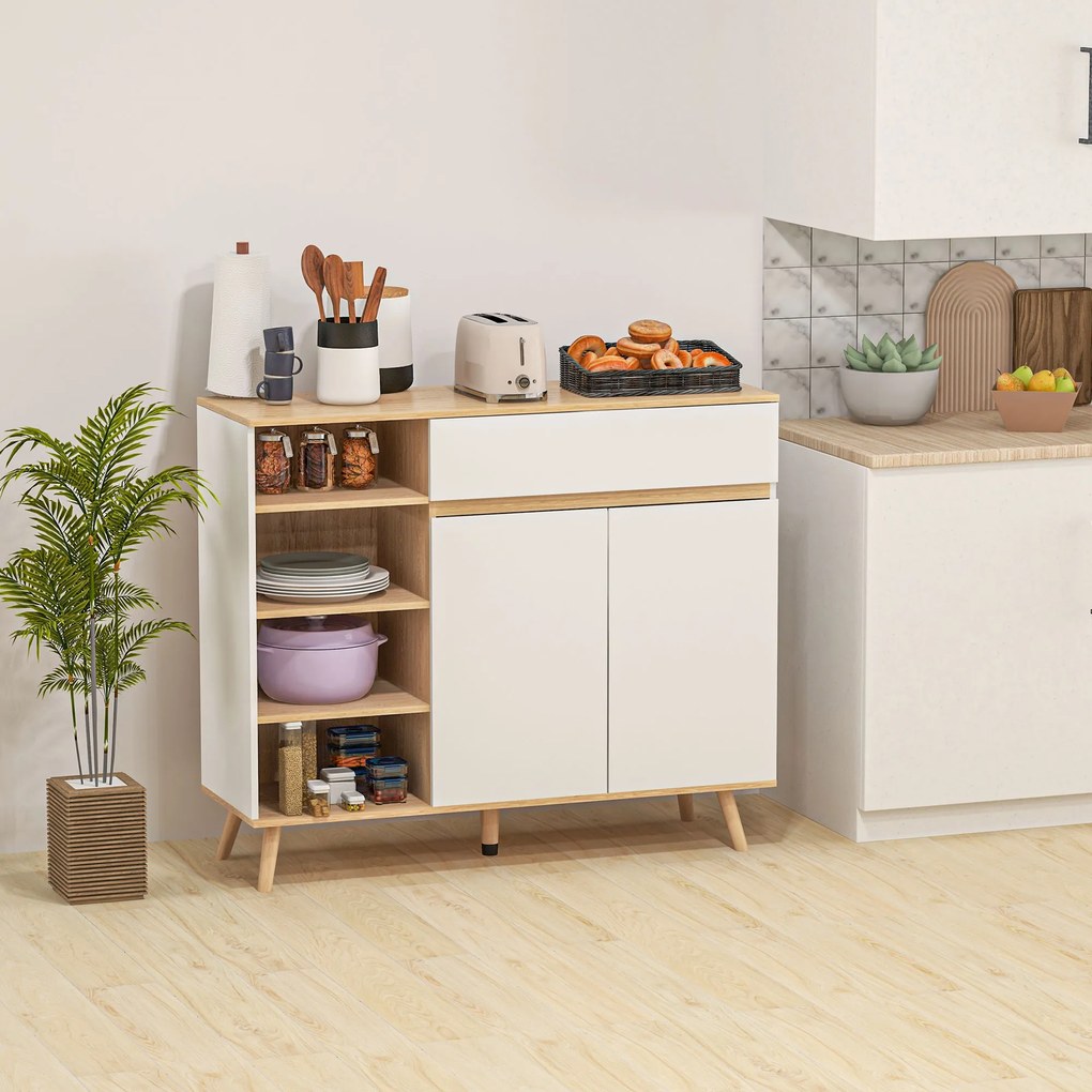 HOMCOM Bufet mobilier de depozitare bucătărie stil scandinav 1 placard dublă ușă 1 sertar și 4 nișe rafturi reglabile alb | Aosom Romania