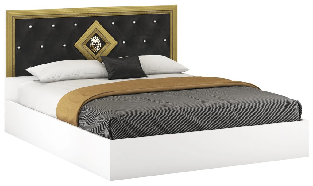 Dormitor Deluxe, culoare alb / negru, cu pat tapitat 160 x 200, dulap 200 cm, comoda si 2 noptiere