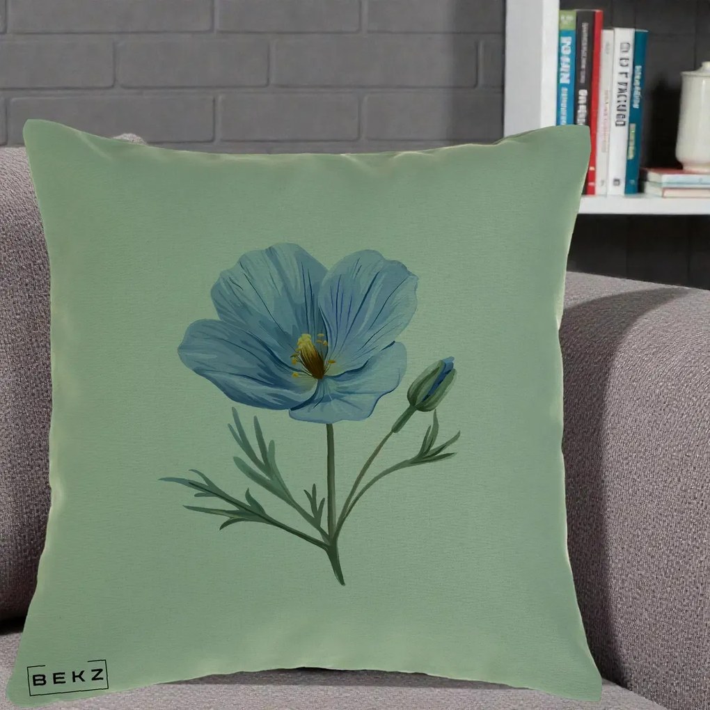 Perna Decorativa Mac Albastru Acuarela, 40x40 cm, Verde, Husa Detasabila, Perna Inclusa, BEKZ®