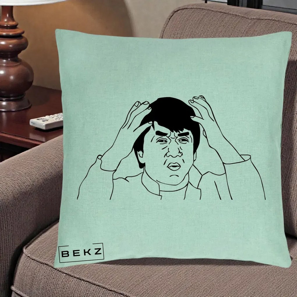 Perna Decorativa Jackie Chan WTF, 40x40 cm, Verde Menta, Husa Detasabila, Perna Inclusa, BEKZ®