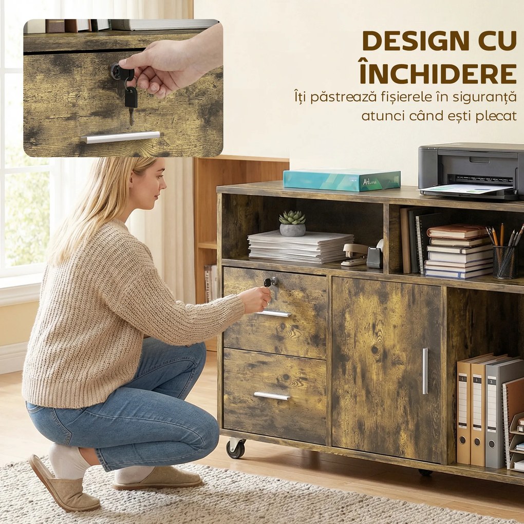 HOMCOM Dulap pentru Imprimantă pe Roți cu 2 Sertare, Încuietoare cu Cheie, 3 Rafturi și Dulap, pentru Documente de Birou și Studiu, 100x35x65 cm, Maro Rustic | Aosom Romania