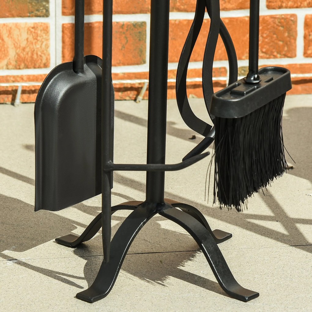 Outsunny Set Scule pentru Semineu 5 bucati, Baza cu Vatrai, Cleste, Lopata si Matura din Metal, 20x20x82,5cm, Negru