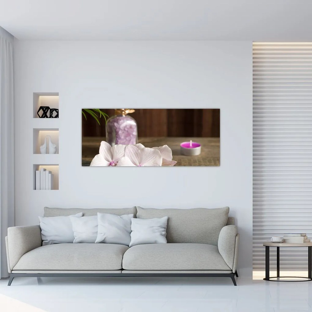 Tablou - Lumânare și orhidee (120x50 cm)