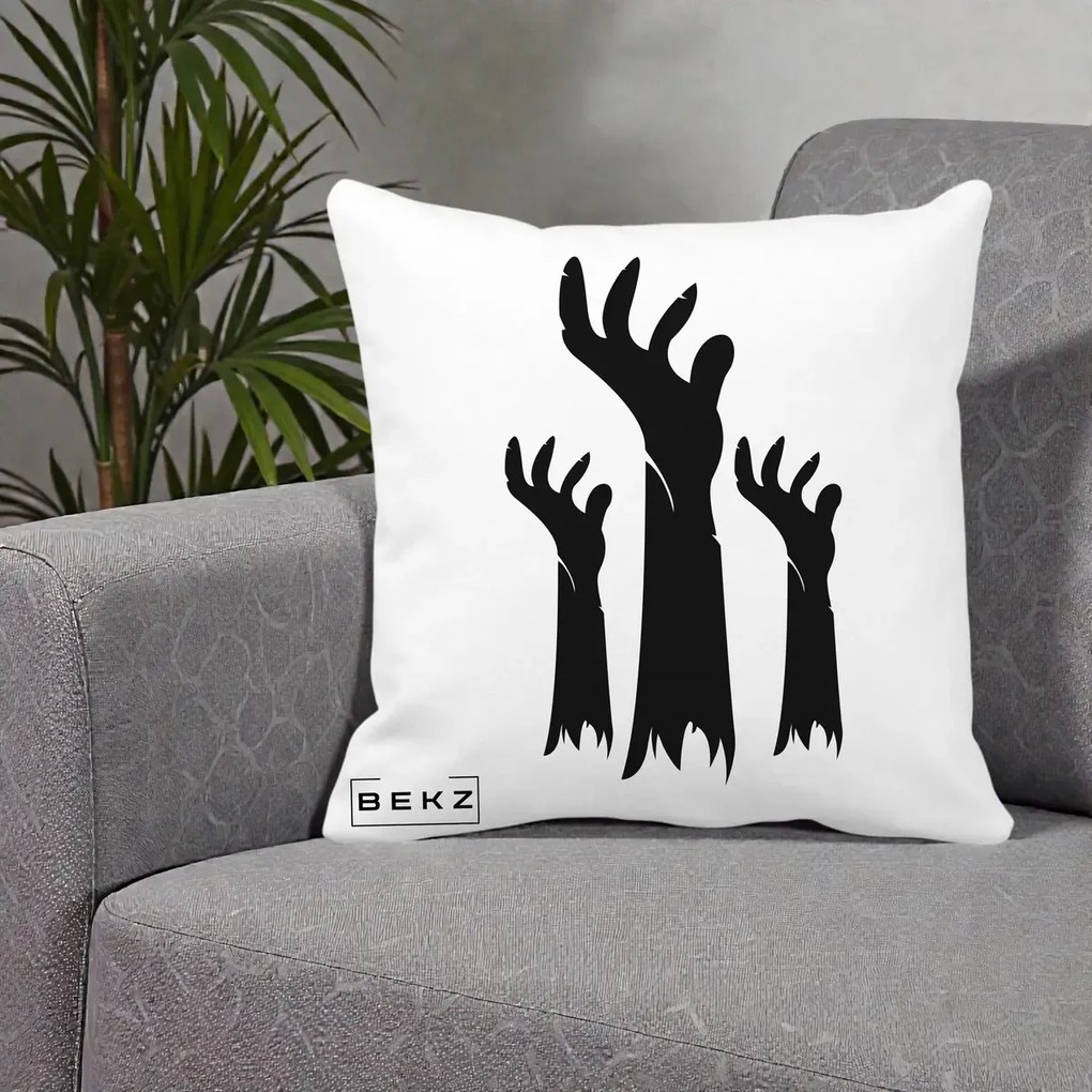 Perna Decorativa Halloween Maini Zombie Alb-Negru, 40x40 cm, Alba Mata, Husa Detasabila, Perna Inclusa, BEKZ®