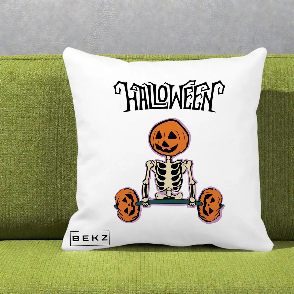 Perna Decorativa Halloween Schelet cu Cap de Dovleac Powerlifting, 40x40 cm, Alba Mata, Husa Detasabila, Perna Inclusa, BEKZ®