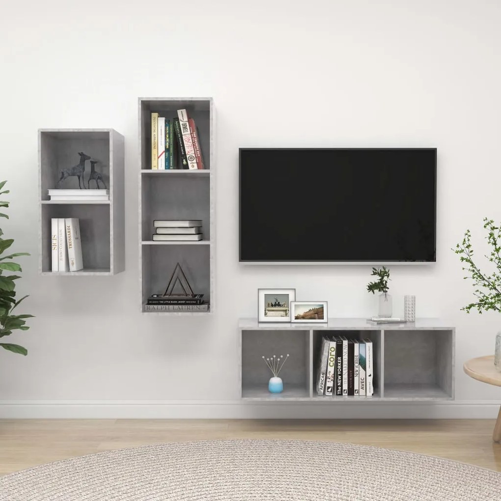 vidaXL Set de dulapuri TV, 3 piese, gri beton, lemn prelucrat