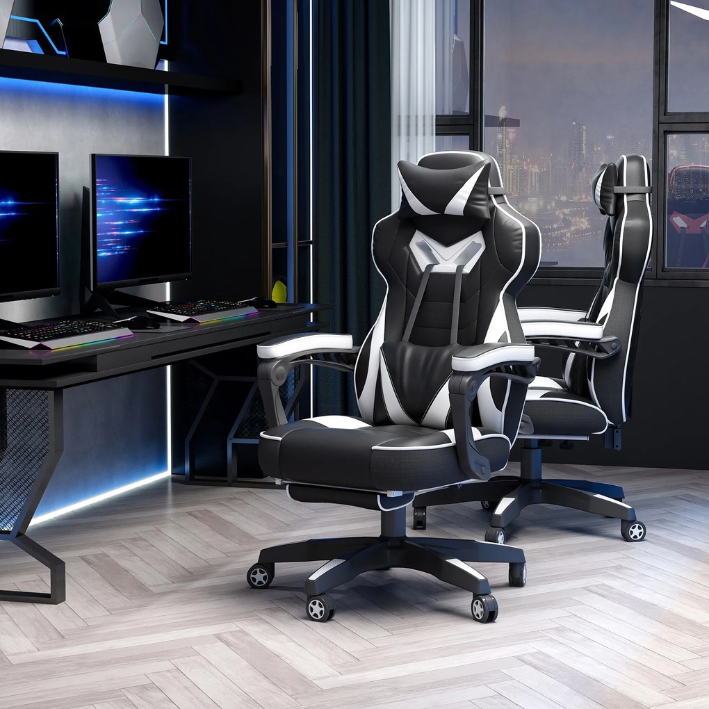 Vinsetto Scaun Gaming Ergonomic, Fotoliu de Birou confortabil cu Suport de Picioare, Perne pentru Cap și Zonă Lombară, Înălțime Reglabilă, negru și alb | Aosom Romania