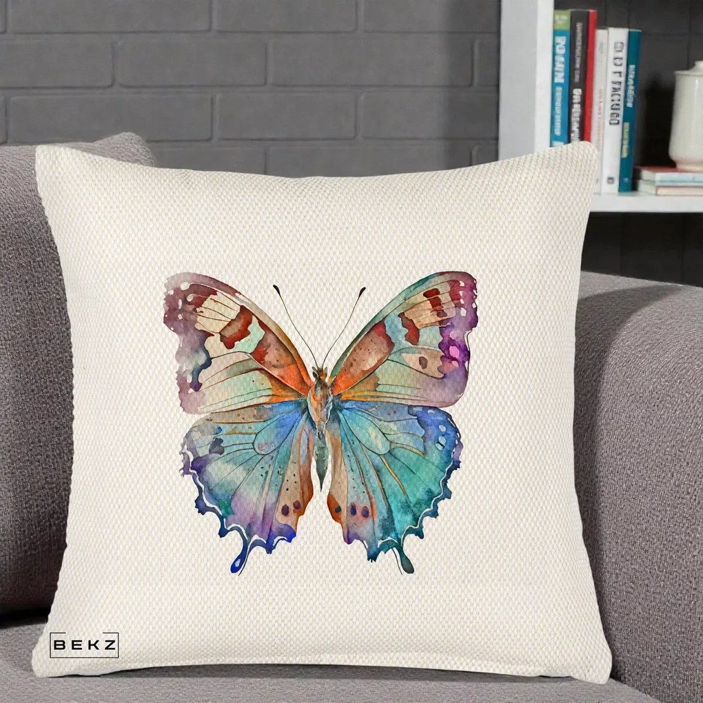 Perna Decorativa Fluture Acuarela Multicolor Portocaliu-Bleu-Mov, 40x40 cm, Crem Reliefat, Husa Detasabila, Perna Inclusa, BEKZ®