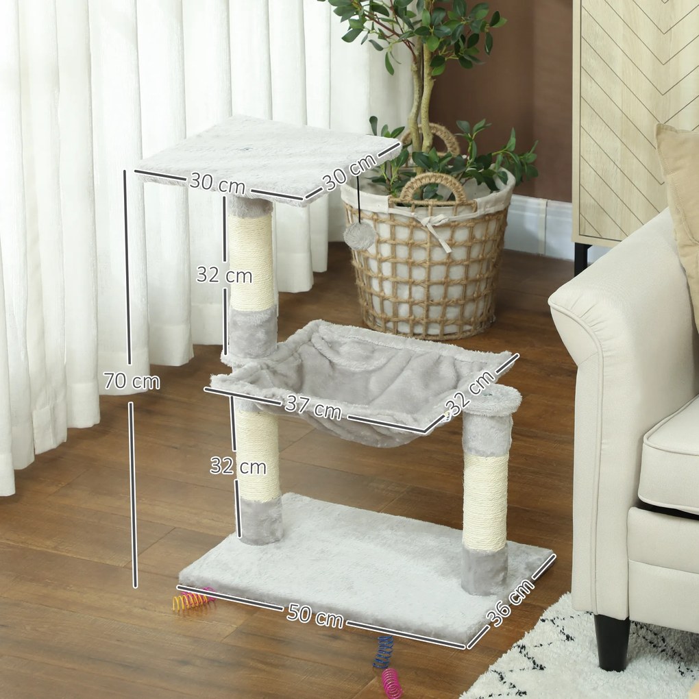 PawHut Arbore de pisici 3 dălți zgărie sisal natural platformă hamac și minge suspendată 50 x 26 x 70 cm pluș scurt gri | Aosom Romania