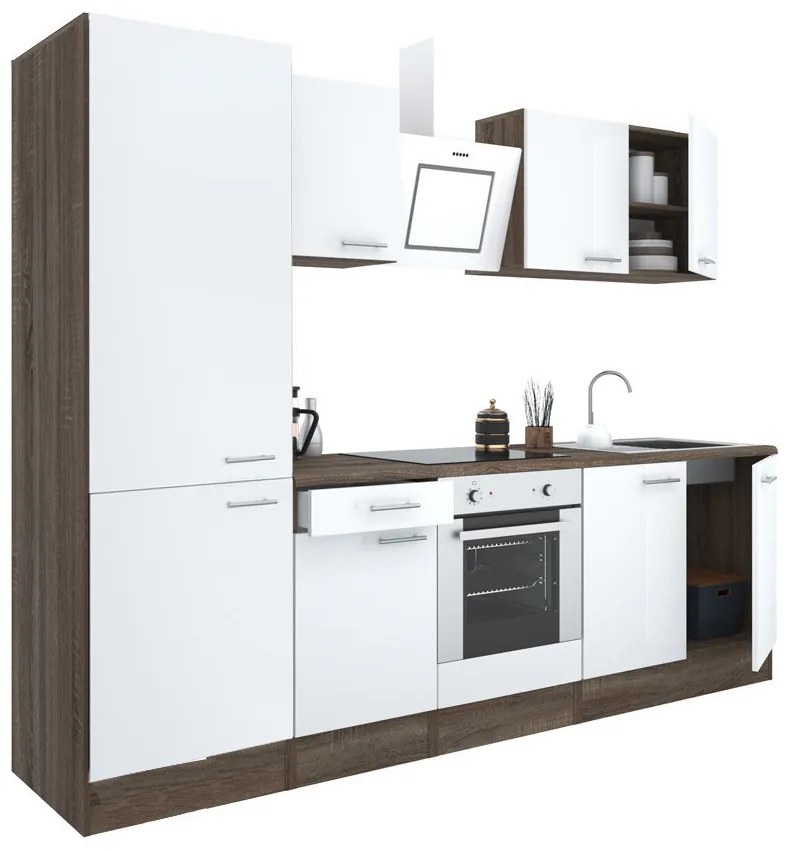 Mobilă de bucătărie Yorki 270, corp din stejar Yorki, față alb satinat cu element inferior al cuptorului, dulap cu raft