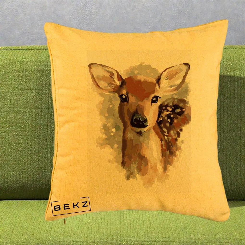 Perna Decorativa Caprioara Pui Acuarela, 40x40 cm, Galben, Husa Detasabila, Perna Inclusa, BEKZ®